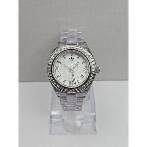 Adidas Womens Watch Clear Bracelet Crystal Bezel White Dial Date New Battery